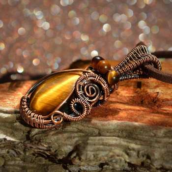 Tiger Eye Natural Stone wrapped in Oxidized Bare Copper Wire - Unique Handmade Pendant Necklace</h5>
