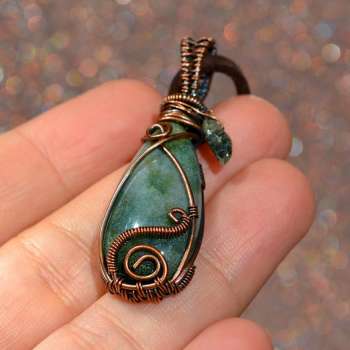 Green Aventurine Natural Stone wrapped in Oxidized Bare Copper Wire - Handmade Unique Pendant Necklace</h5>