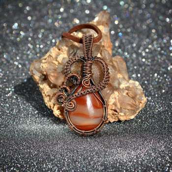 Orange Onyx Natural Stone wrapped in Antiqued Copper Wire, Unique Handmade Pendant</h5>