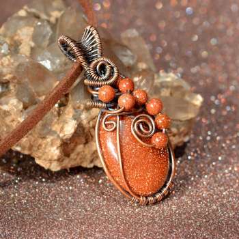Gold Sandstone Copper Pendant, Unique Handmade Wire Wrapped Jewelry, Glittering Glass Necklace</h5>