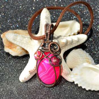 Pink Agate Copper Pendant, Unique Handmade Wire Wrapped Stone, wire wrapping and wire weaving</h5>