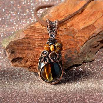 Tiger Eye Copper Pendant, Unique Handmade Wire Wrapped Stone, Designer Jewelry, wire wrapping and wire weaving</h5>