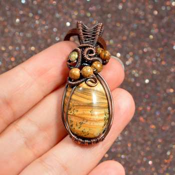 Picture Jasper Natural Stone Pendant, Unique Handmade Wire Wrapped Stone, Designer Jewelry, wire wrapping and wire weaving</h5>
