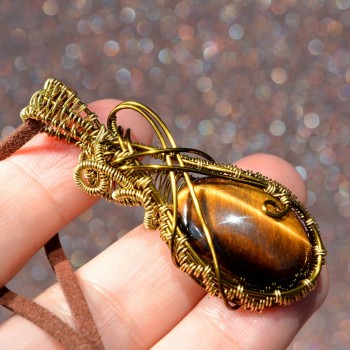 Tiger Eye Natural Stone gold-plated Copper Pendant, Unique Handmade Wire Wrapped Jewelry, Designer Jewelry, wire wrapping and wire weaving</h5>