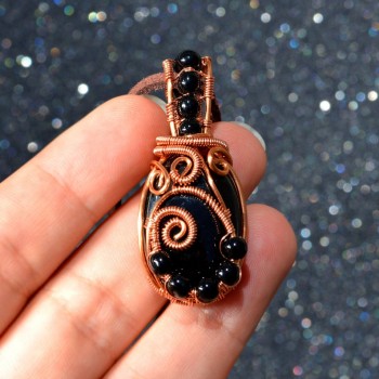 Black Onyx Natural Stone wrapped in Coated Copper Wire - Handmade Unique Pendant Necklace</h5>
